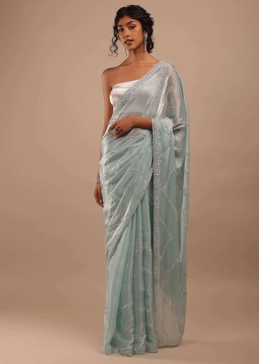 Blue Haze Tissue Saree In Sequins And Stones Embroidery Buttis, It Comes In Scalloped Border With Cut Dana Embroidery