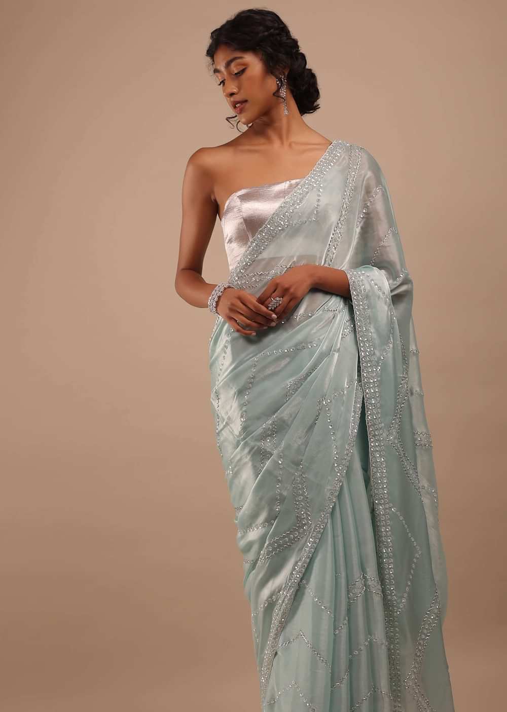 Blue Haze Tissue Saree In Sequins And Stones Embroidery Buttis, It Comes In Scalloped Border With Cut Dana Embroidery