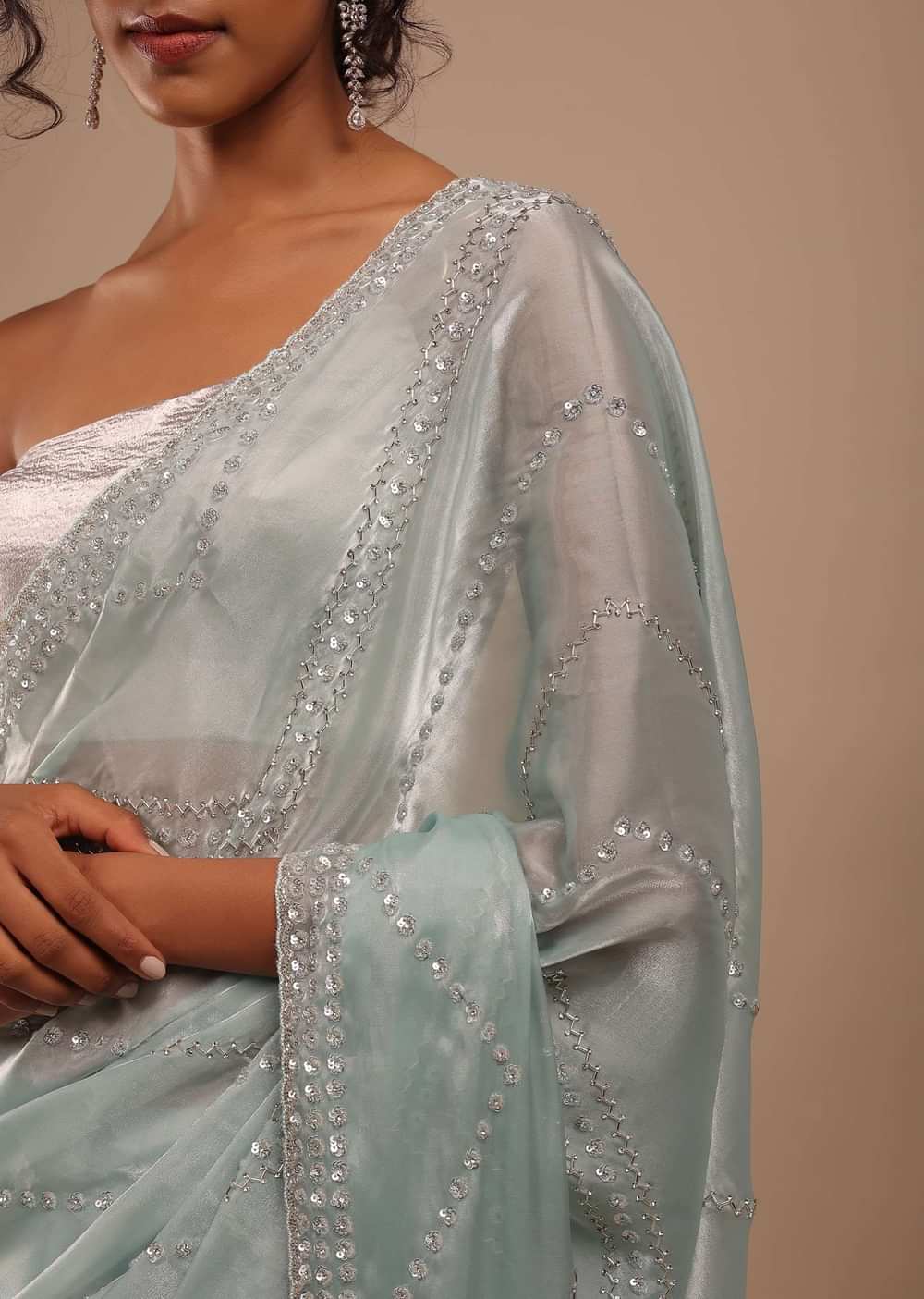 Blue Haze Tissue Saree In Sequins And Stones Embroidery Buttis, It Comes In Scalloped Border With Cut Dana Embroidery