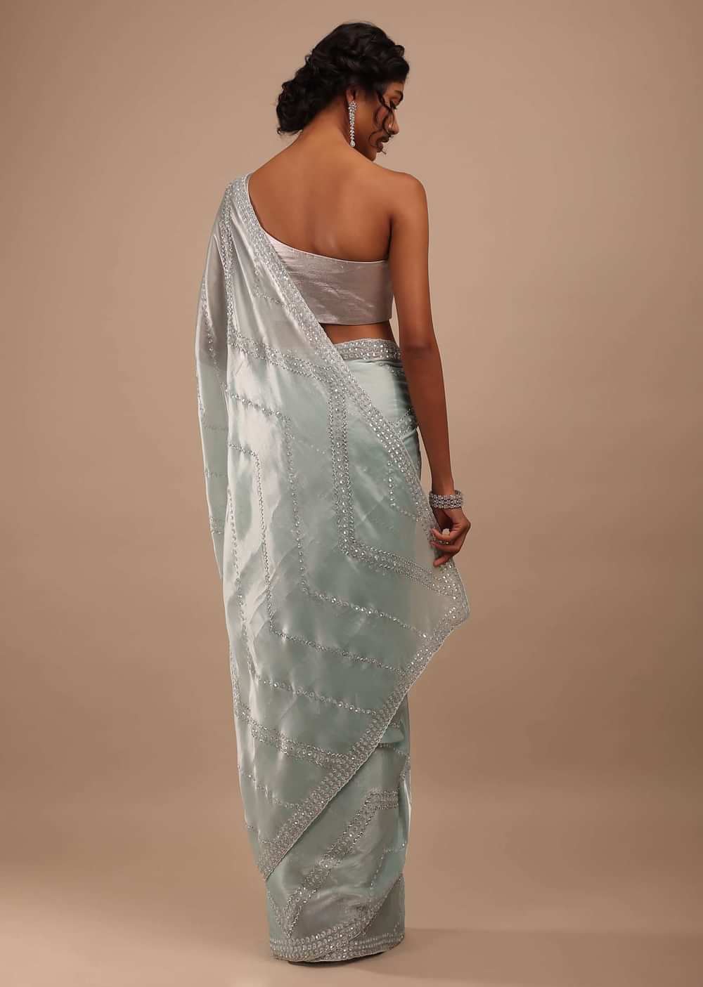 Blue Haze Tissue Saree In Sequins And Stones Embroidery Buttis, It Comes In Scalloped Border With Cut Dana Embroidery