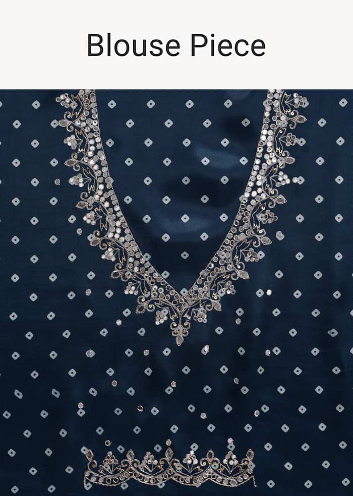 Blue Indigo Mirror And Ajrakh Print Embroidered Saree