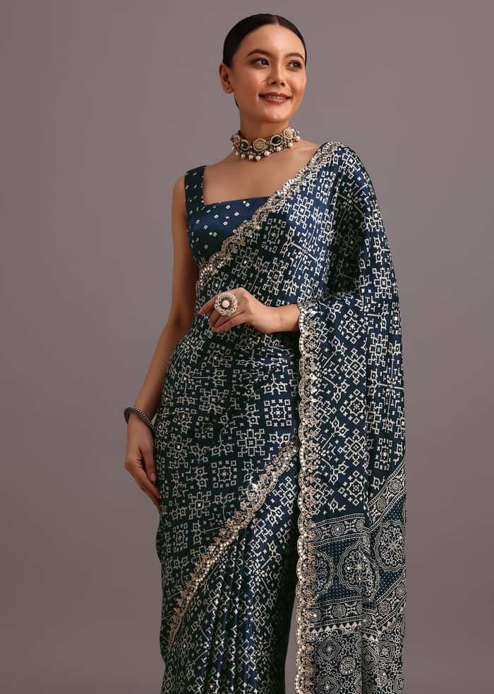 Blue Indigo Mirror And Ajrakh Print Embroidered Saree
