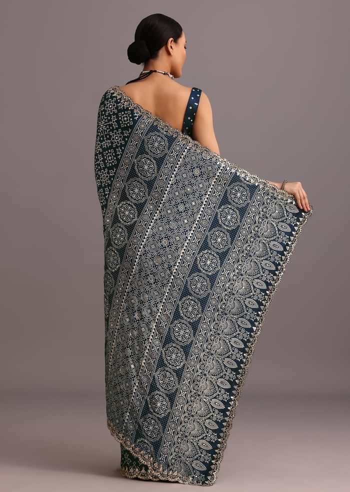 Blue Indigo Mirror And Ajrakh Print Embroidered Saree