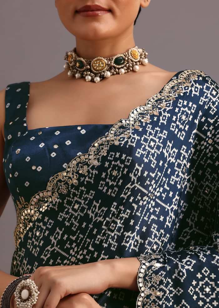 Blue Indigo Mirror And Ajrakh Print Embroidered Saree