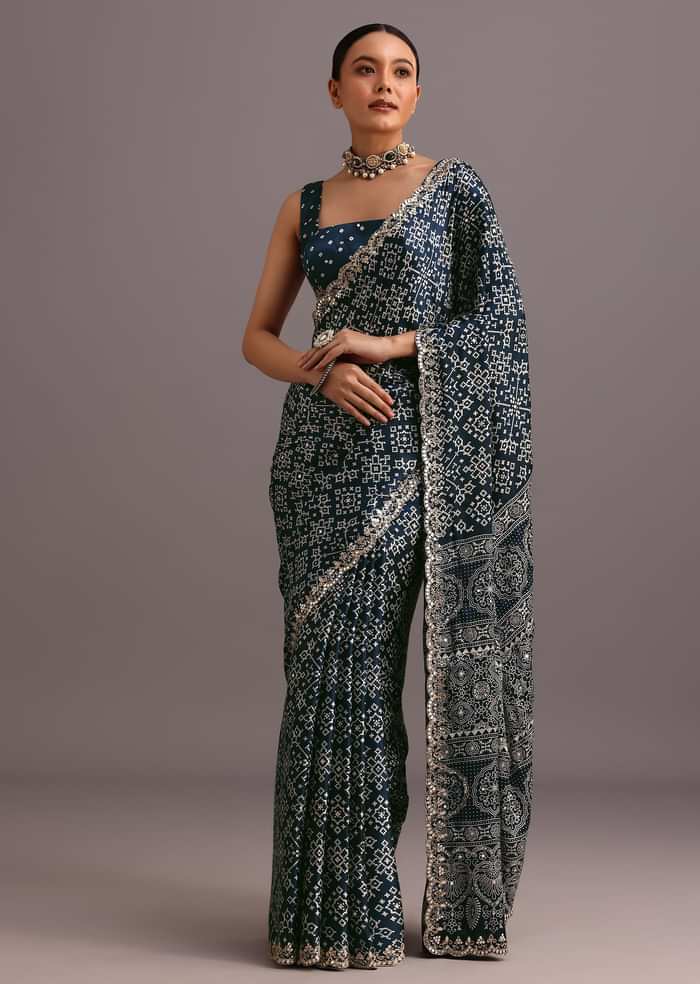 Blue Indigo Mirror And Ajrakh Print Embroidered Saree