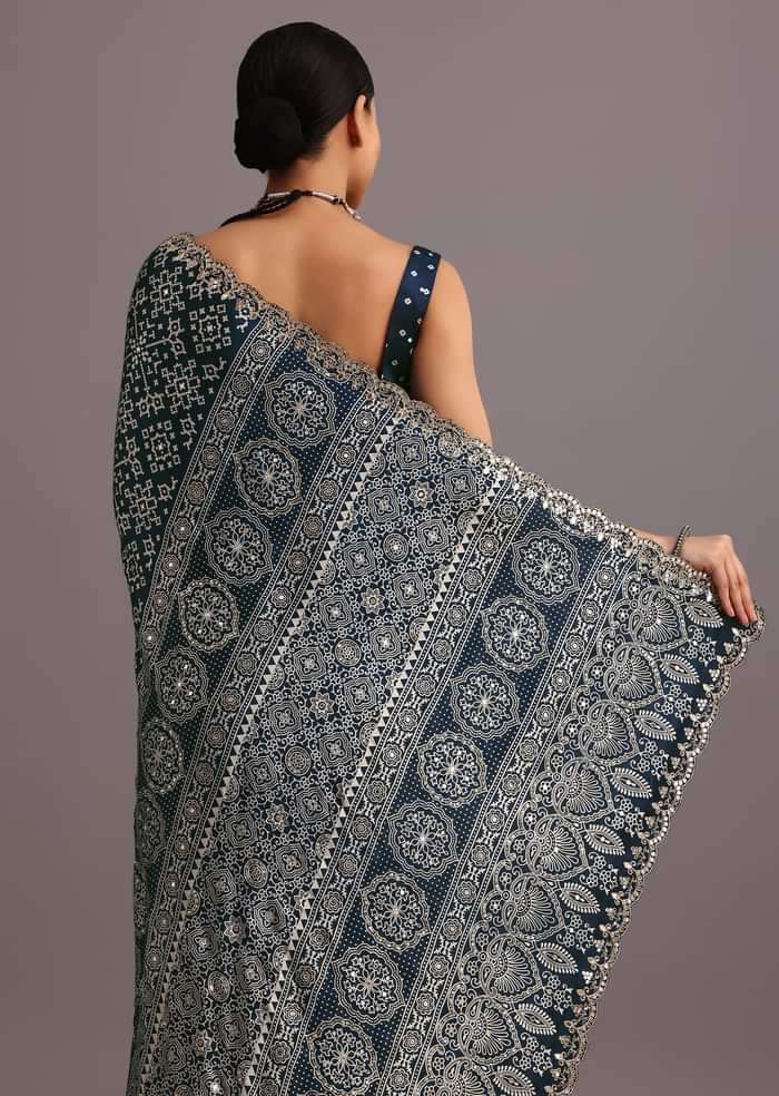 Blue Indigo Mirror And Ajrakh Print Embroidered Saree