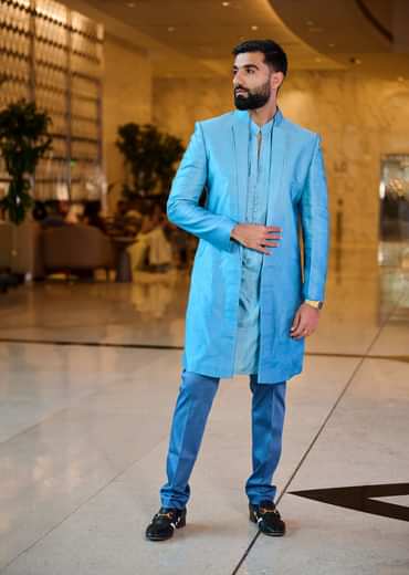 Blue Indowestern Lapel Jacket With Kurta And Pants