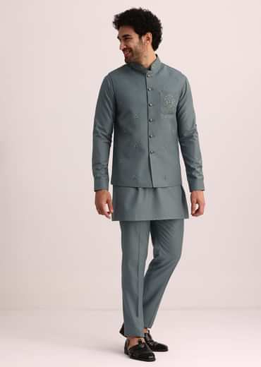 Blue Jacket and Kurta Set With Cutwork Detail