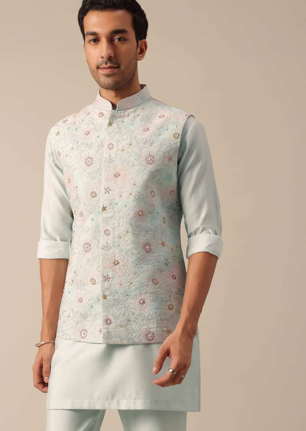 Blue Jacket Kurta Set With Floral Motif Embroidery