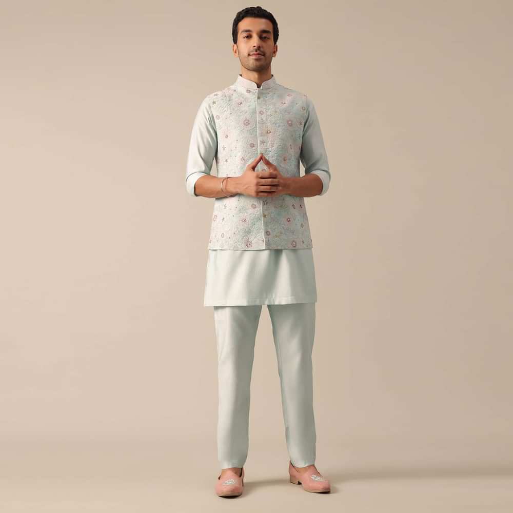 Blue Jacket Kurta Set With Floral Motif Embroidery