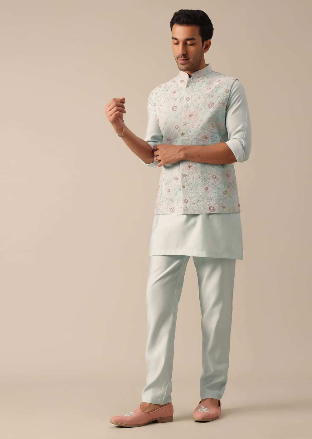 Blue Jacket Kurta Set With Floral Motif Embroidery