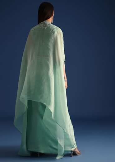 Blue Jacket With Draped Satin Skirt And Crop Top