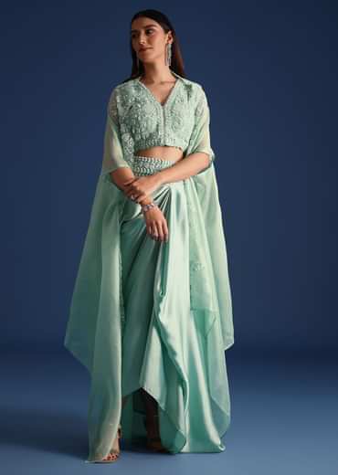 Blue Jacket With Draped Satin Skirt And Crop Top