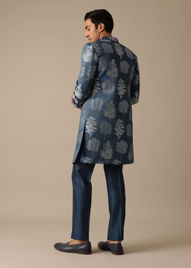 Blue Jacquard Foil Print Indowestern Achkan And Jacket Set