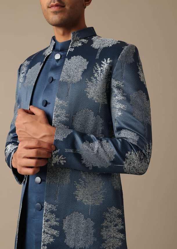 Blue Jacquard Foil Print Indowestern Achkan And Jacket Set