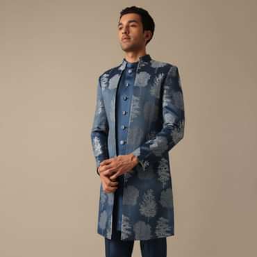 Blue Jacquard Foil Print Indowestern Achkan And Jacket Set
