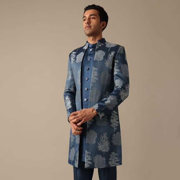 Blue Jacquard Foil Print Indowestern Achkan And Jacket Set