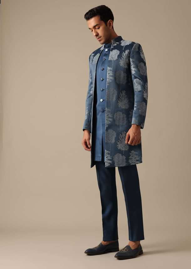Blue Jacquard Foil Print Indowestern Achkan And Jacket Set