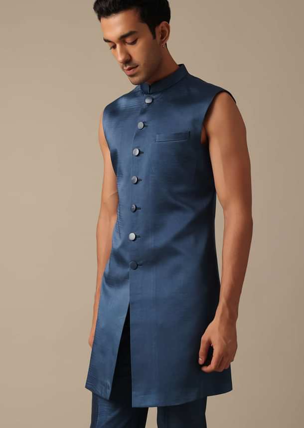 Blue Jacquard Foil Print Indowestern Achkan And Jacket Set