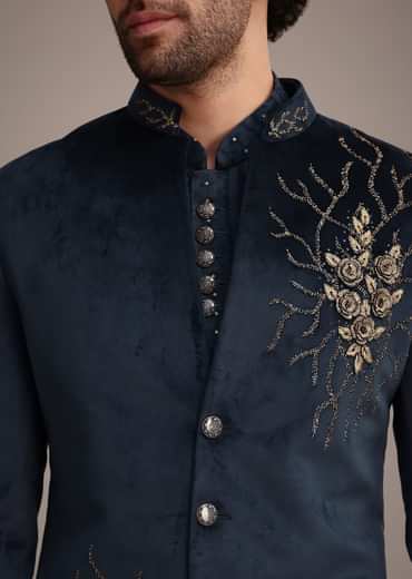 Blue Jacquard Kurta Jacket Set With Broach