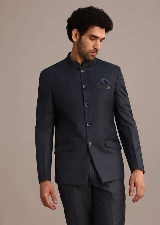 Blue Jodhpuri And Pant Set With Pocket Square Blue Jodhpuri And Pant Set With Pocket Square