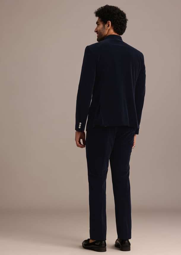 Blue Jodhpuri Suit In Velvet With Pocket Square Blue Jodhpuri Suit In Velvet With Pocket Square
