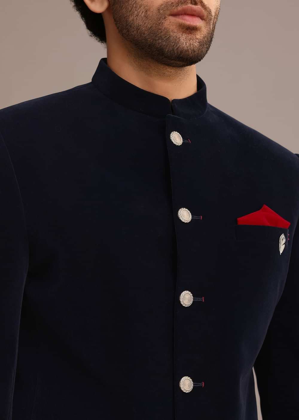 Blue Jodhpuri Suit In Velvet With Pocket Square