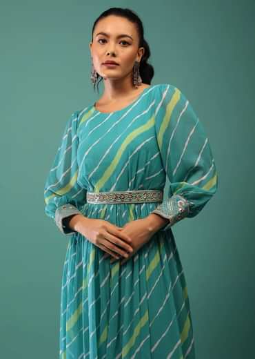 Blue Jumpsuit With Leheriya Print And Mirror Work