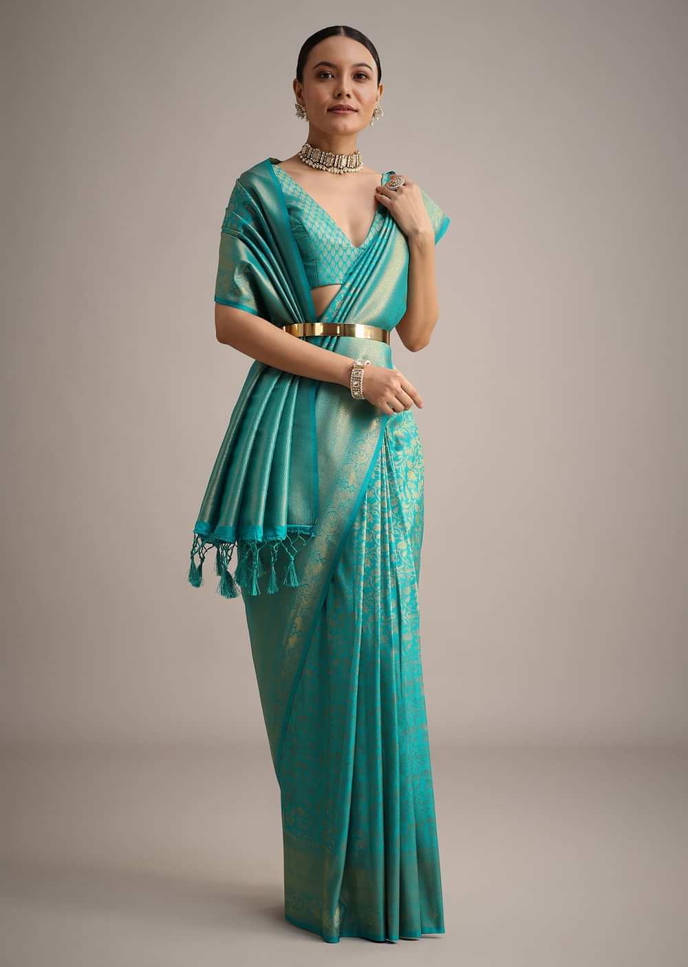 Blue Kanjivaram Silk Saree With Double Border