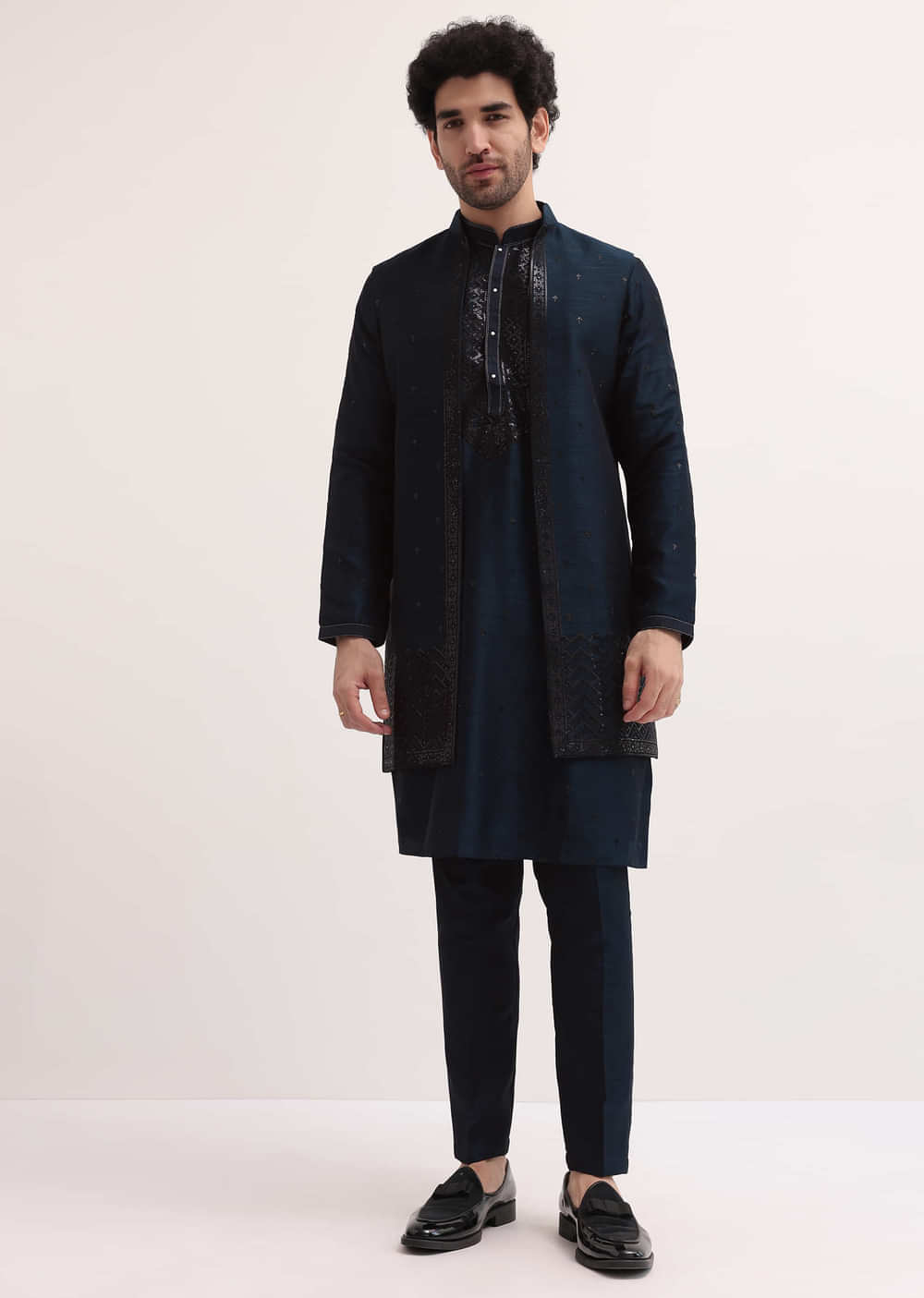 Blue Kurta Jacket Set With Dupatta In Sequins For Men
