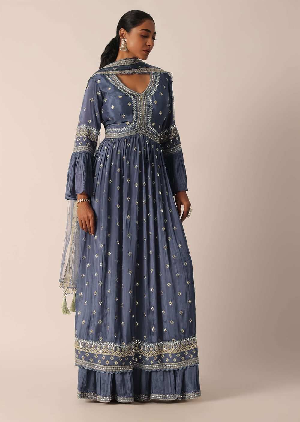 Blue Kurta Sharara Set With Thread And Mirror Work