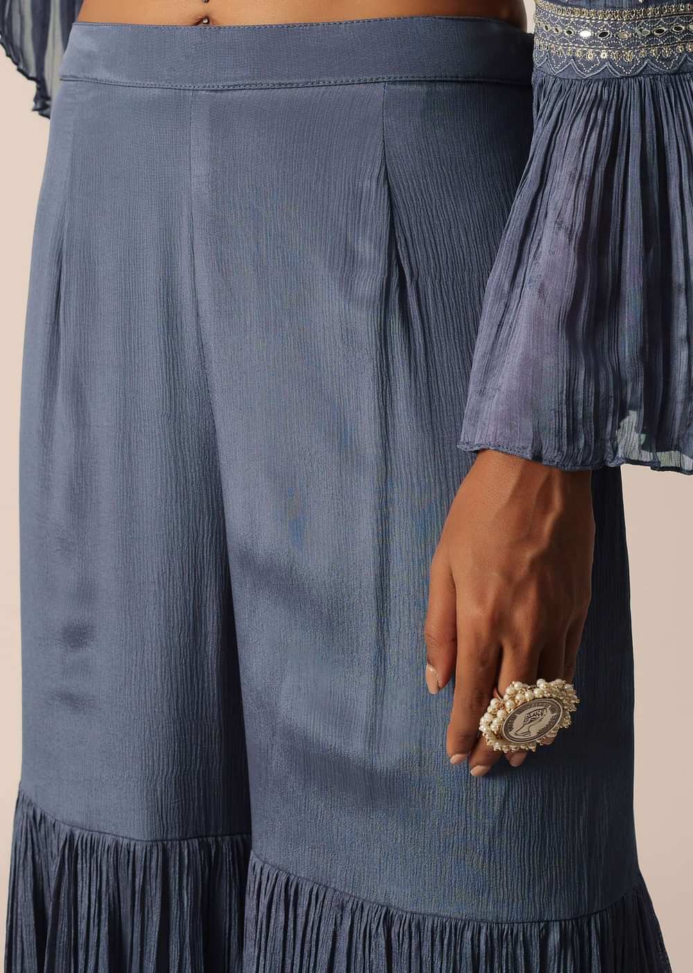 Blue Kurta Sharara Set With Thread And Mirror Work