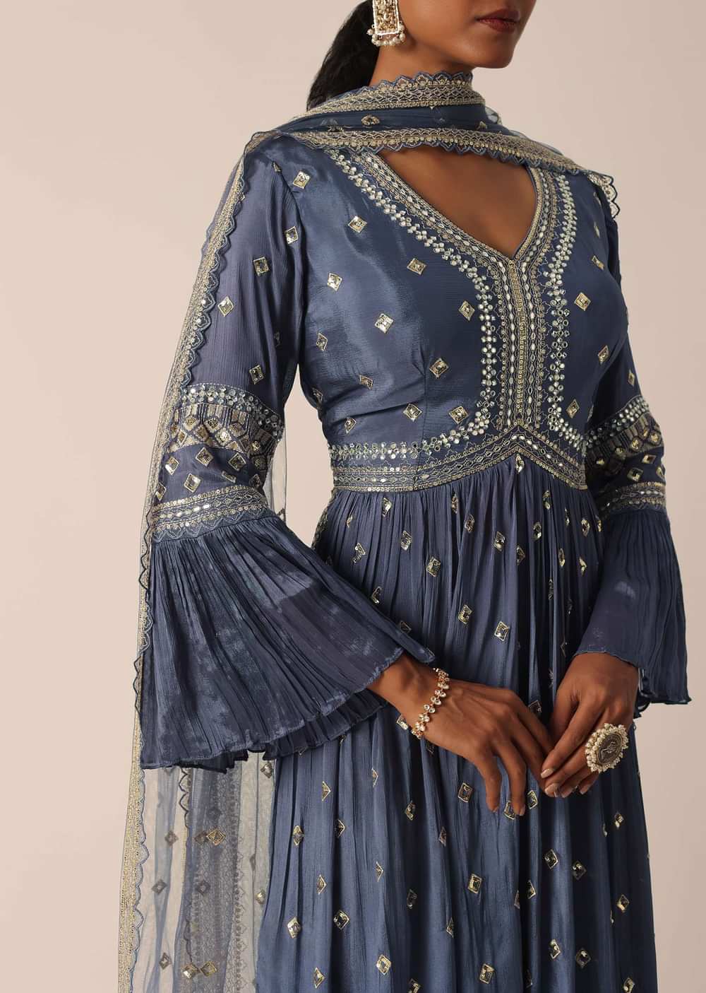 Blue Kurta Sharara Set With Thread And Mirror Work