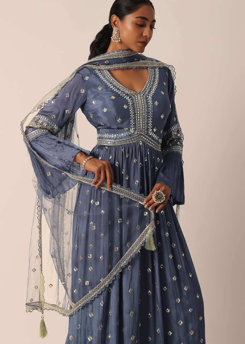 Blue Kurta Sharara Set With Thread And Mirror Work