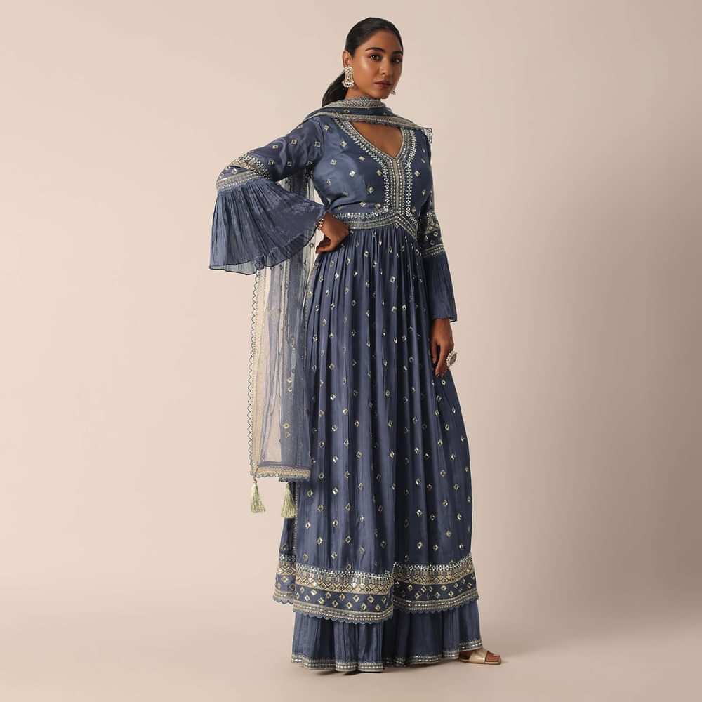 Blue Kurta Sharara Set With Thread And Mirror Work