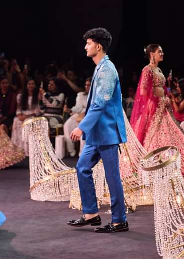 Blue Linen Satin Tuxedo With Pleated Shirt And Pants