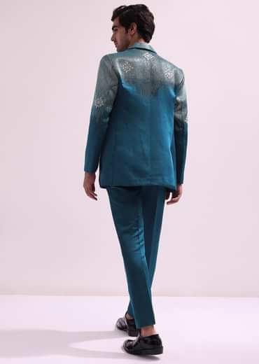 Blue Linen Satin Tuxedo With Pleated Shirt And Pants