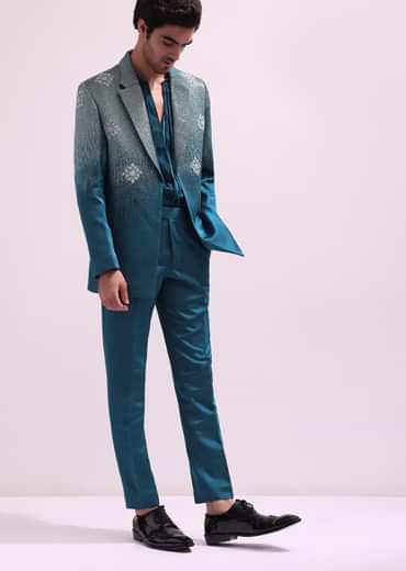 Blue Linen Satin Tuxedo With Pleated Shirt And Pants