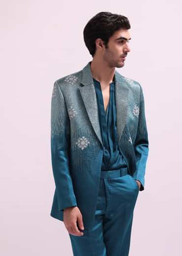 Blue Linen Satin Tuxedo With Pleated Shirt And Pants