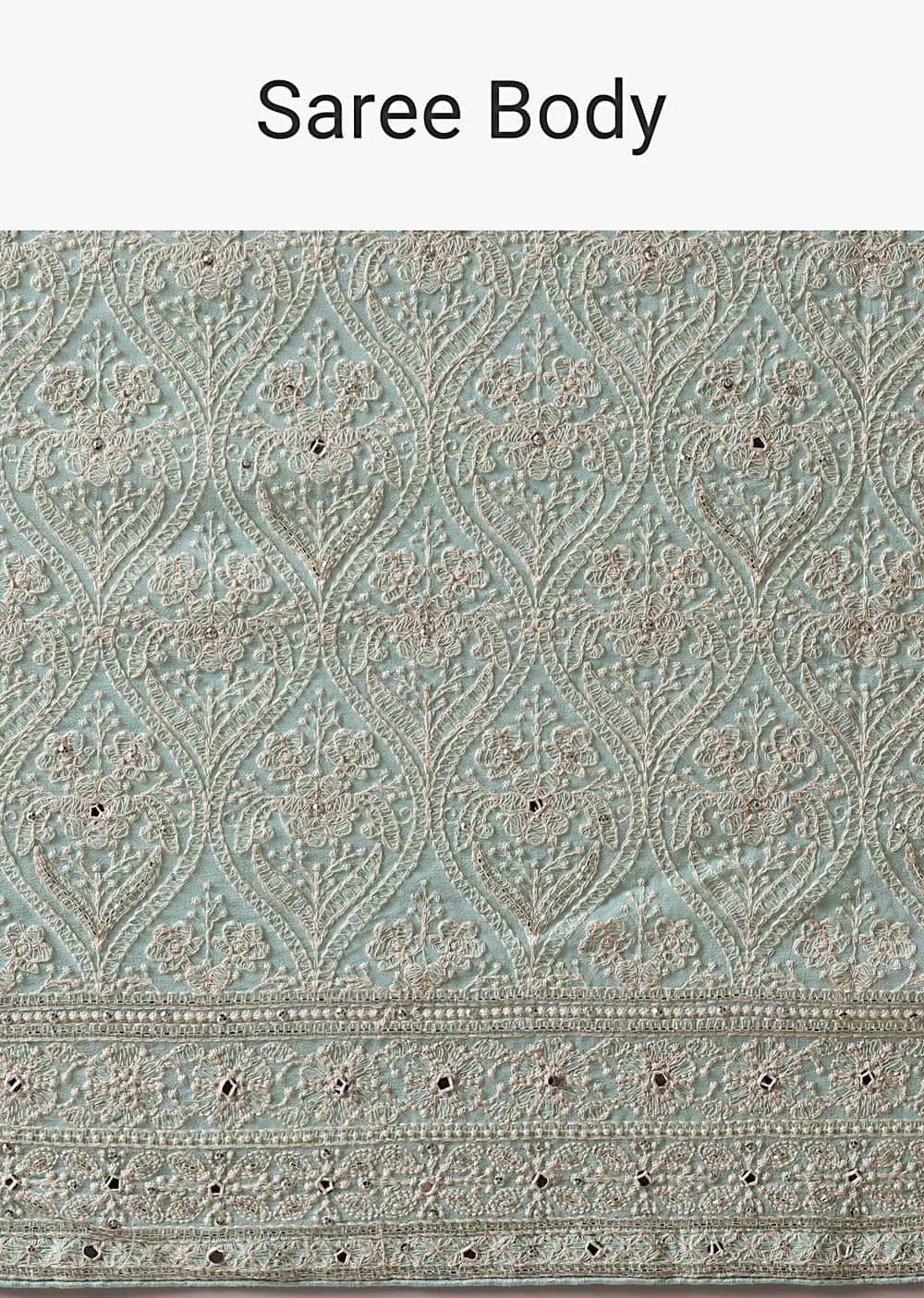 Blue Lucknowi Chikankari Saree With Sequin Work And Unstitched Blouse Piece