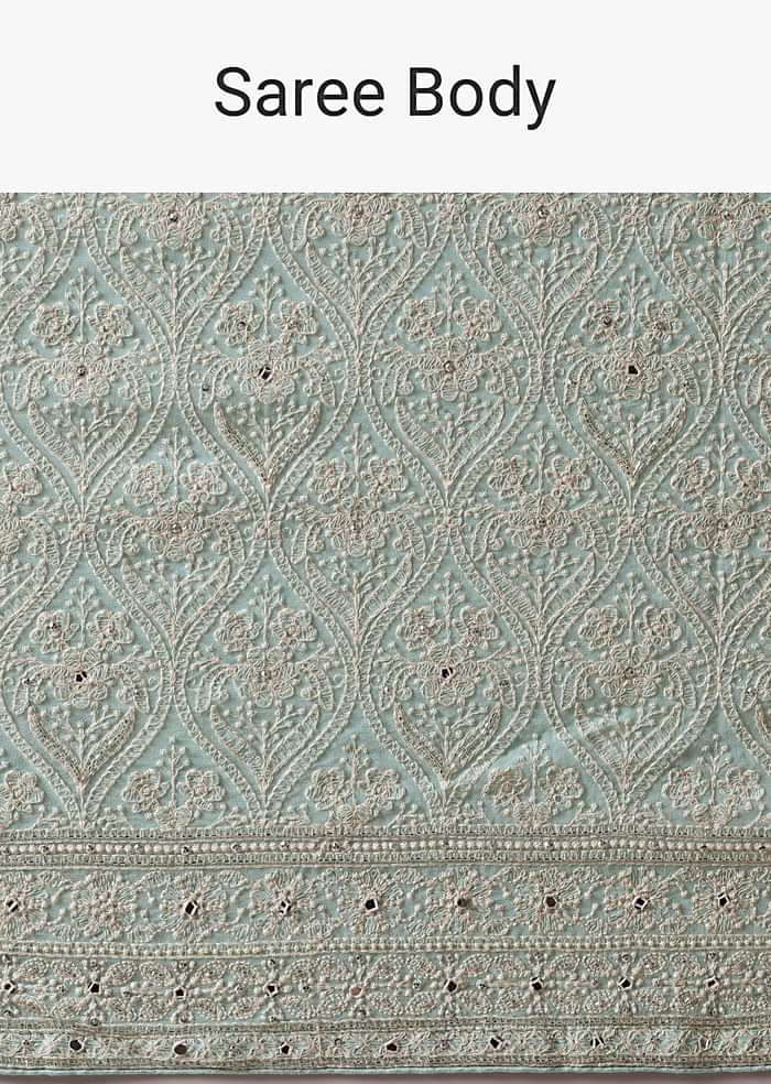 Blue Lucknowi Chikankari Saree With Sequin Work And Unstitched Blouse Piece