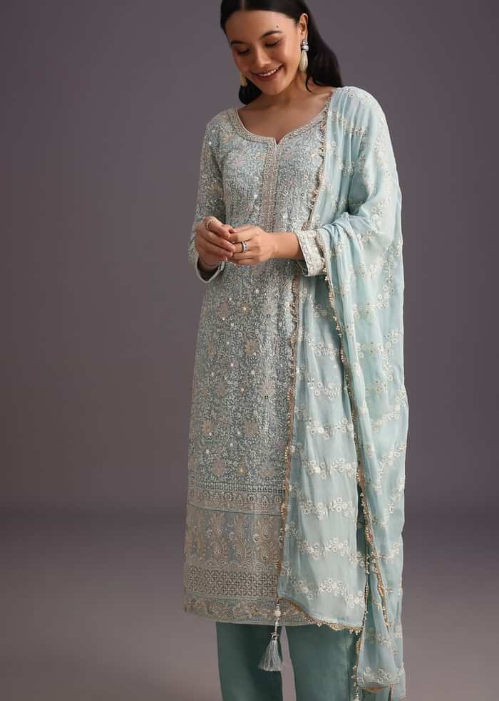 Blue Lucknowi  kurta set With Resham Work Dupatta And Gotta Border