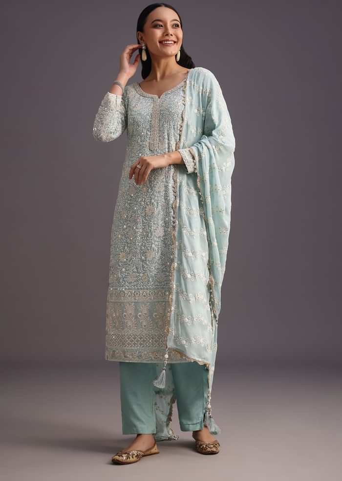 Blue Lucknowi  kurta set With Resham Work Dupatta And Gotta Border