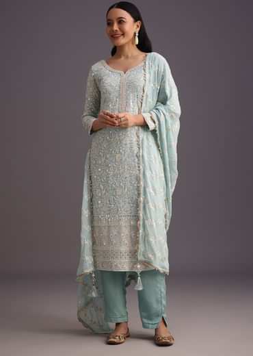 Blue Lucknowi  kurta set With Resham Work Dupatta And Gotta Border