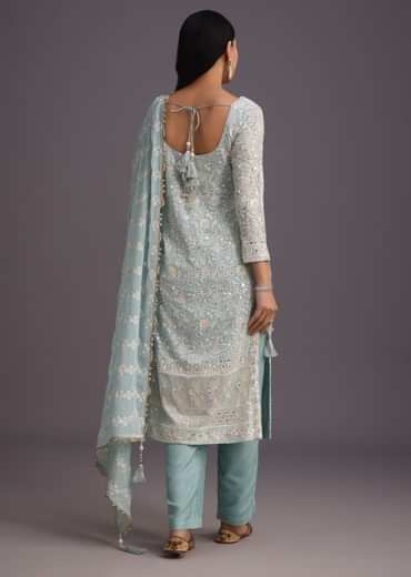 Blue Lucknowi  kurta set With Resham Work Dupatta And Gotta Border