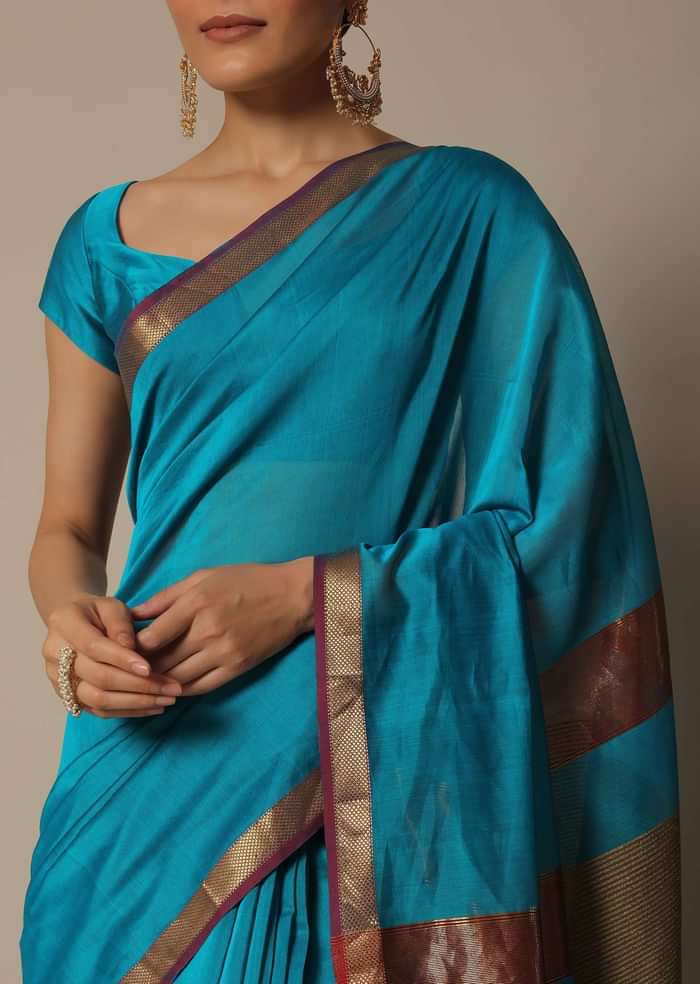 Blue Maheshwari Saree In Chanderi Silk With Jute Woven Pallu