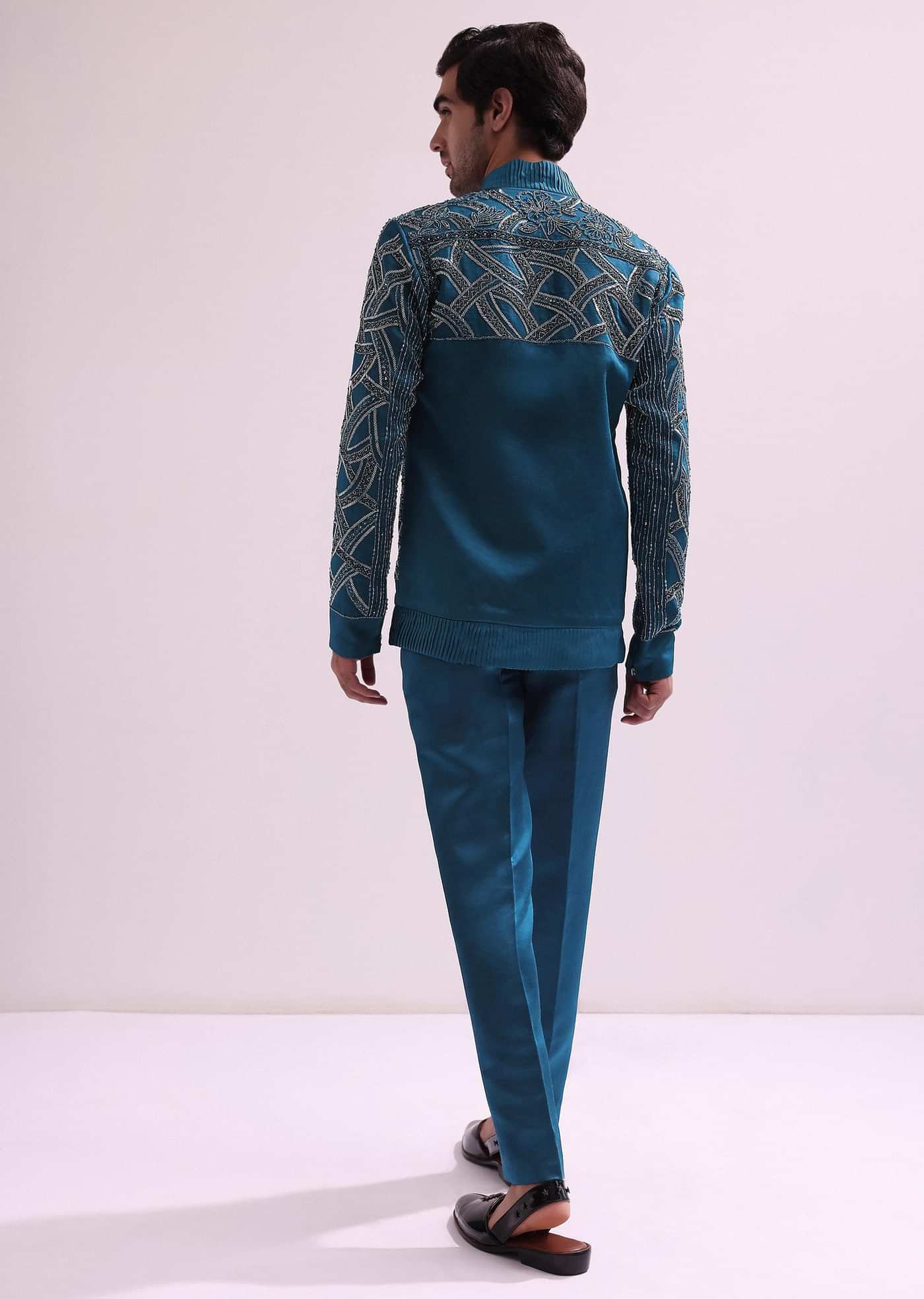 Blue Metallic Chain Bomber Jacket With Shirt And Pants