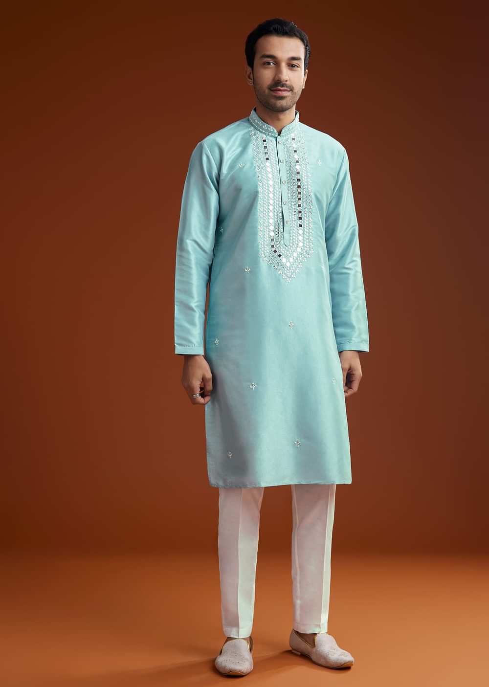 Blue Mirror Embellished Kurta Pant Set In Silk