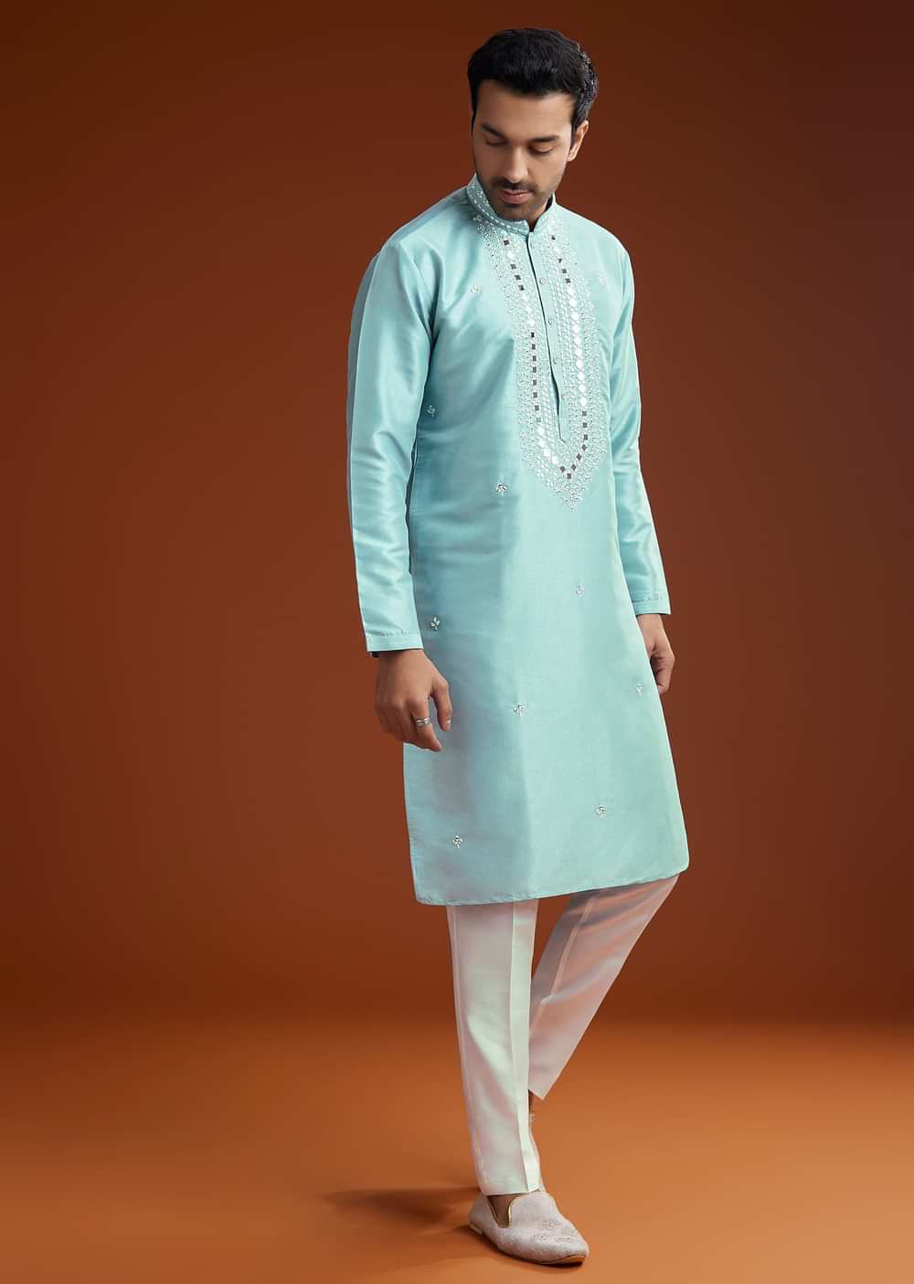 Blue Mirror Embellished Kurta Pant Set In Silk