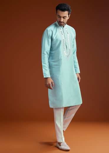Blue Mirror Embellished Kurta Pant Set In Silk
